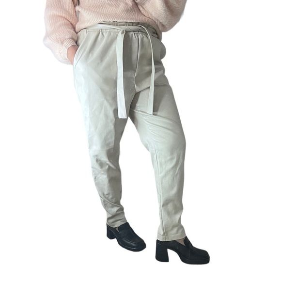 Saks Bagatelle Cream High Waist Tie Faux Leather Pants - Picture 1 of 13